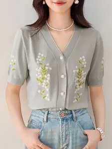 Women's Floral & Leaf Embroidery V Neck Knit Top, Elegant Casual Comfy Short Sleeve Faux Pearl Button Knitwear for Summer, Fashion Women's Knit Clothing for Daily Wear, Vneck Shortsleeve Cardigans, Womenswear, Casual Classy Top