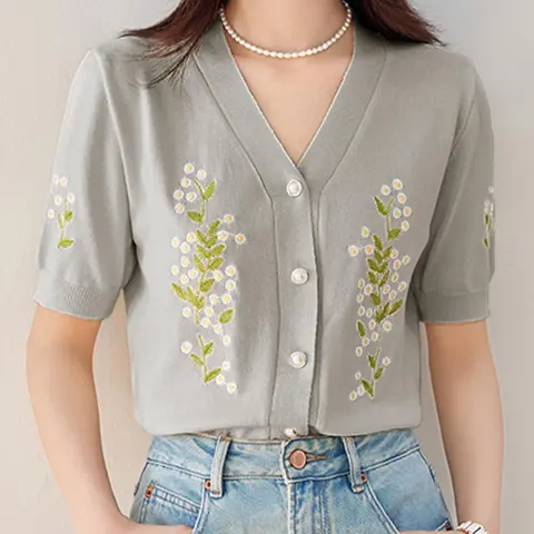 Women's Floral & Leaf Embroidery V Neck Knit Top, Elegant Casual Comfy Short Sleeve Faux Pearl Button Knitwear for Summer, Fashion Women's Knit Clothing for Daily Wear, Vneck Shortsleeve Cardigans, Womenswear, Casual Classy Top