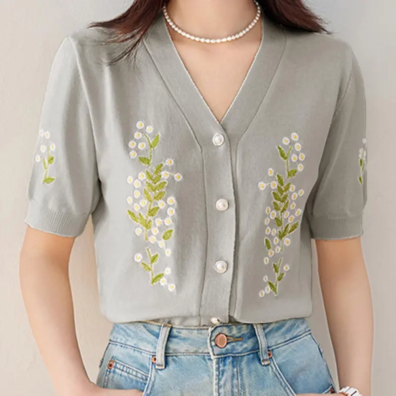 Women's Floral & Leaf Embroidery V Neck Knit Top, Elegant Casual Comfy Short Sleeve Faux Pearl Button Knitwear for Summer, Fashion Women's Knit Clothing for Daily Wear, Vneck Shortsleeve Cardigans, Womenswear, Casual Classy Top