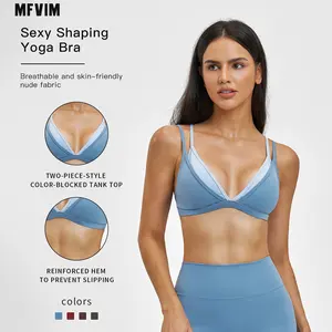 MFVIM Elegant Yoga Bra Tank Top, Thin Strap Design, Colorblock Faux Two-Piece, High Quality for Running and Fitness, Stylish Sports Top, Breathable Sports Bra