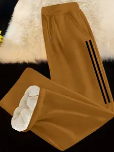 Women's Fleece Lined Straight Leg Pants, Adjustable Drawstring Waist, Plain Pattern, Warm Winter Trousers, Casual Long Pants for Fall & Winter