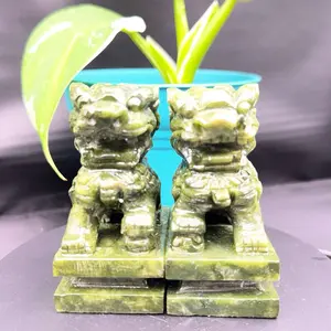 Xiuyan Jade Foo Dog Pair (small)- Traditional Chinese Guardian Statue Set for Home Decor, Feng Shui Ornament