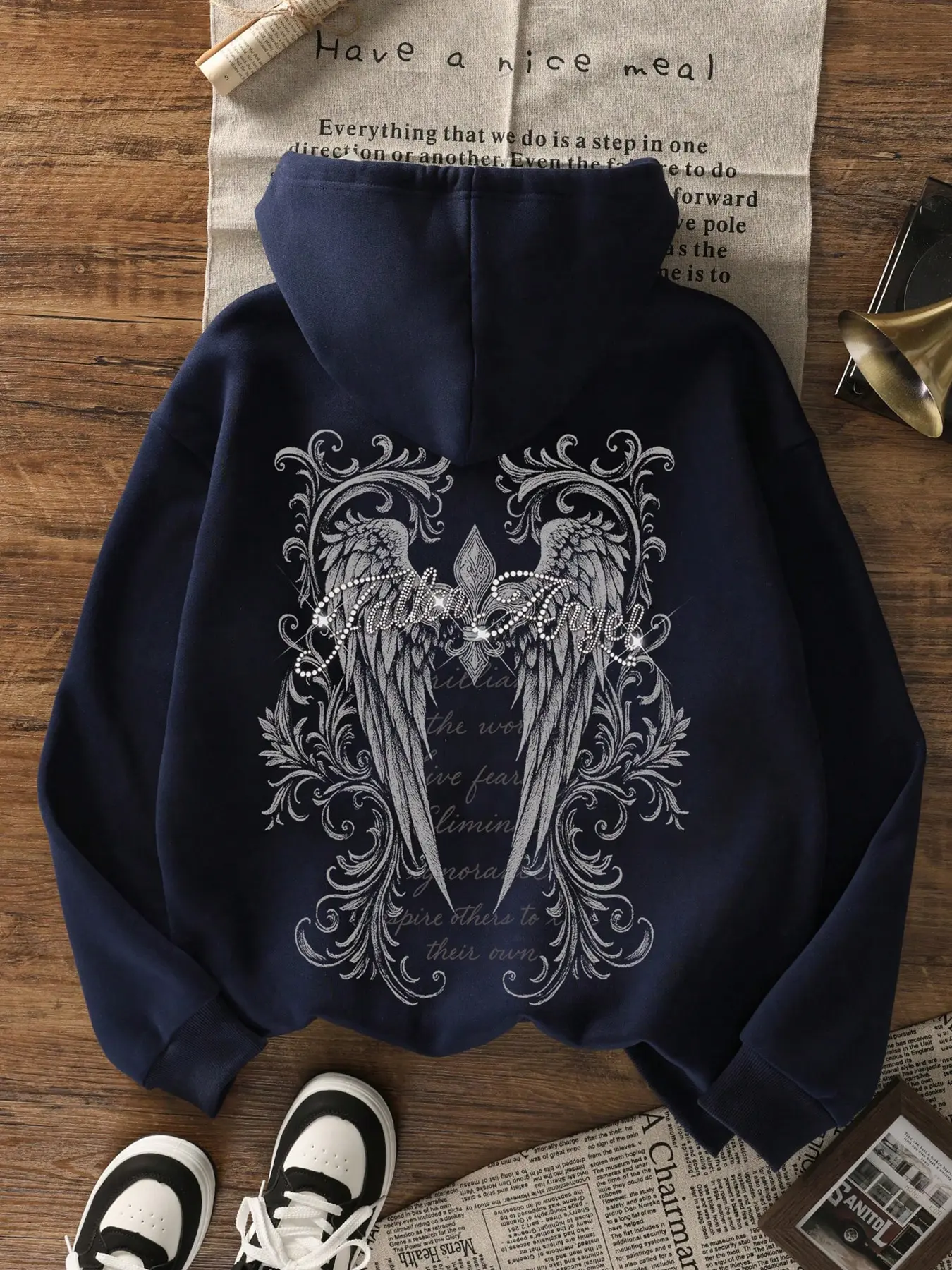 Women's Hooded Sweatshirt, Boho Bohemian Hoodie, Pullover, Drawstring, Blue Vintage Angel Wings Print, Fashion Streetwear, Casual Fall & Winter, Long Sleeve, Pockets