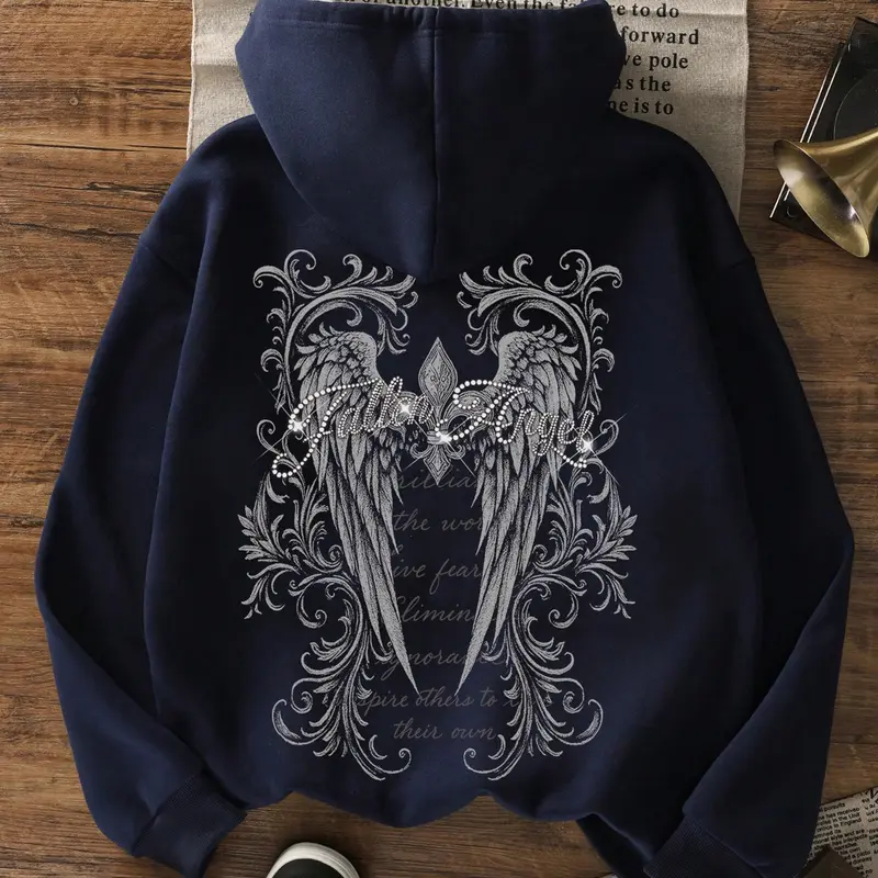 Women's Hooded Sweatshirt, Blue Boho Hoodie, Graphic Pullover Hoodie, Drawstring Pullover, Vintage Angel Wings Print, Casual Fashion Streetwear for Fall and Winter, Long Sleeve Top with Pockets