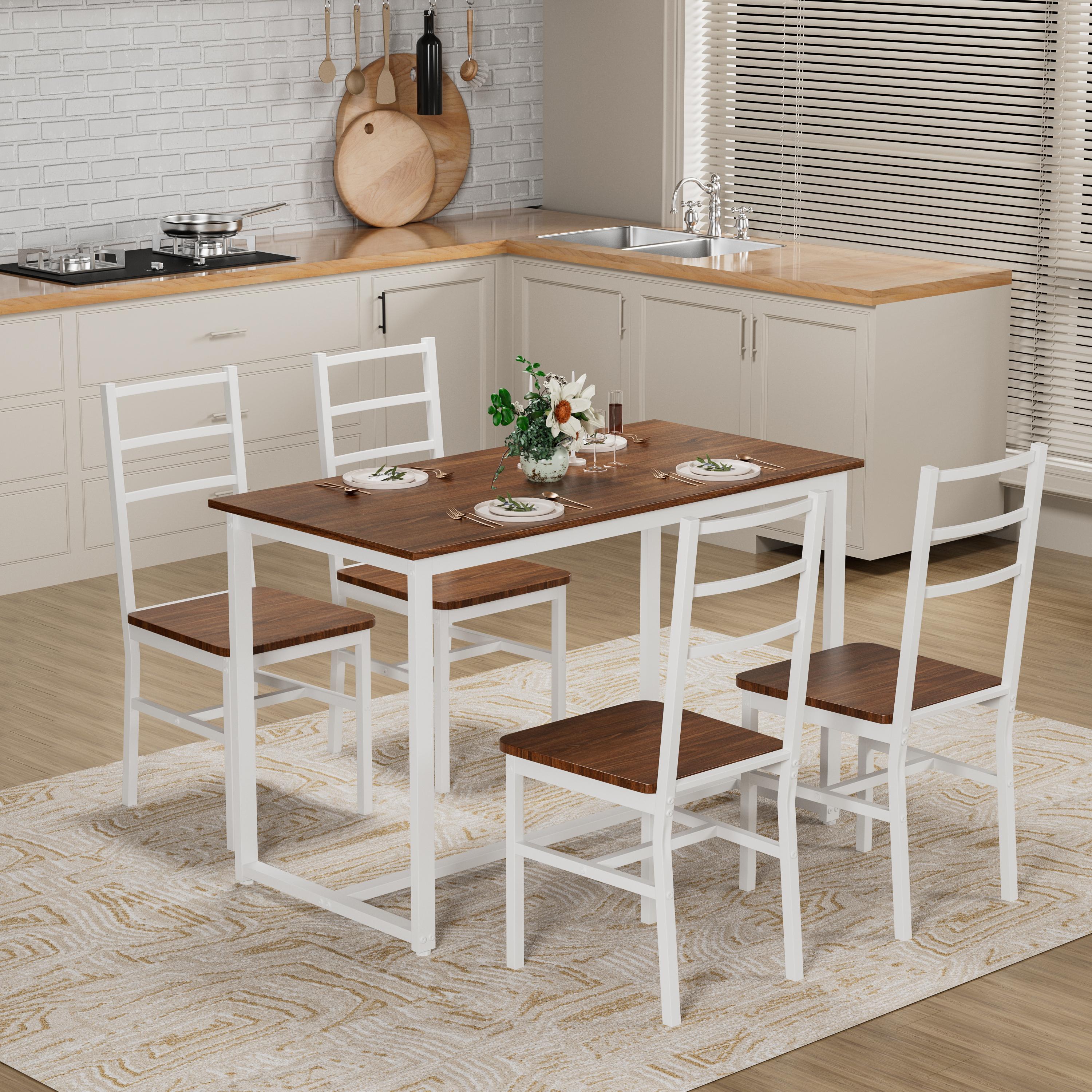 5-Piece Dining Table Set, Industrial Kitchen Table and Chairs for 4 with Backrest and Metal Frame, Set of 5 Dining Table and Chairs Rectangular Space-Saving Dinette Set for Dining Room, Apartment, Small Space