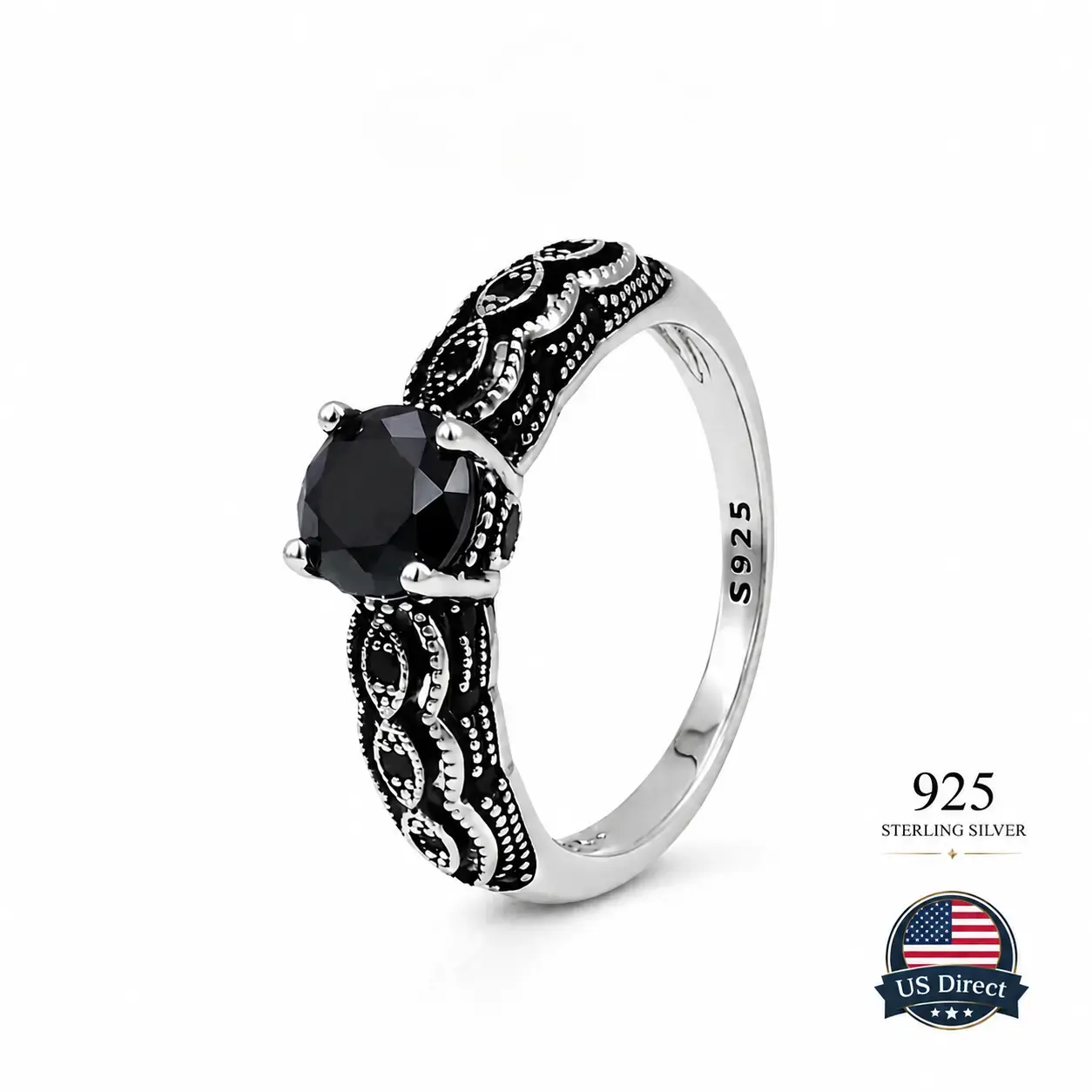 Vinci S925 Sterling Silver Vintage Black Synthetic Obsidian Ring with Filigree Design for Men and Women Everyday Wear, Energy Crystal Ring Perfect for Birthday Party Statement Gift/Unique Ring/Daily Armor Ring