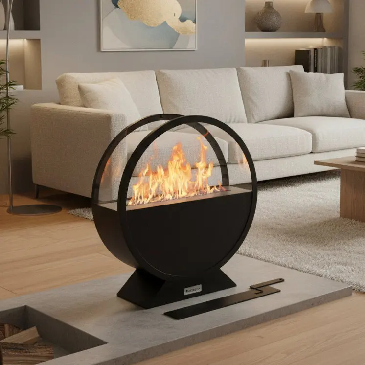 13.7-inch X 15.7-inch Black Round Bioethanol Fireplace, Made Of Glass And Metal, Suitable For Indoor And Outdoor Use, Smokeless Fire Pit