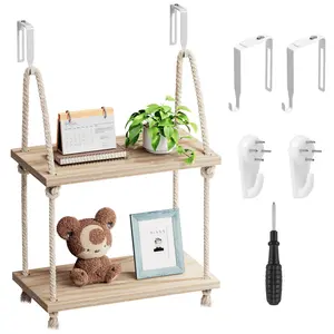 double-layer Hanging shelves Bohemian wall decoration handmade cotton rope antique wooden floating shelf display photos Plant hanging storage rack