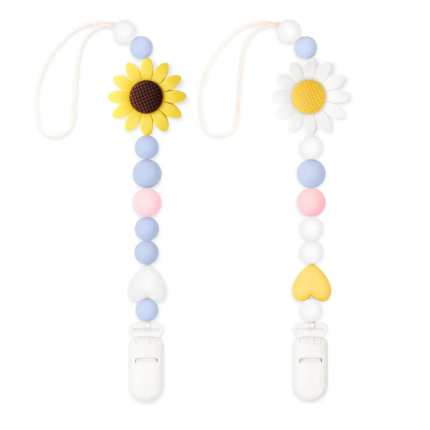 Silicone Pacifier Clip 2-Pack, Baby Pacifier Holder for Boys & Girls, Cute Sunflower Design Pacifier Clips, Universal Fit for Most Pacifiers & Teethers, Baby Essentials, Baby Shower Gift