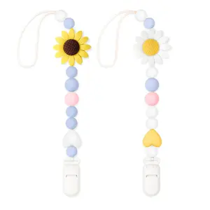 Silicone Pacifier Clip 2-Pack, Baby Pacifier Holder for Boys & Girls, Cute Sunflower Design Pacifier Clips, Universal Fit for Most Pacifiers & Teethers, Baby Essentials, Baby Shower Gift