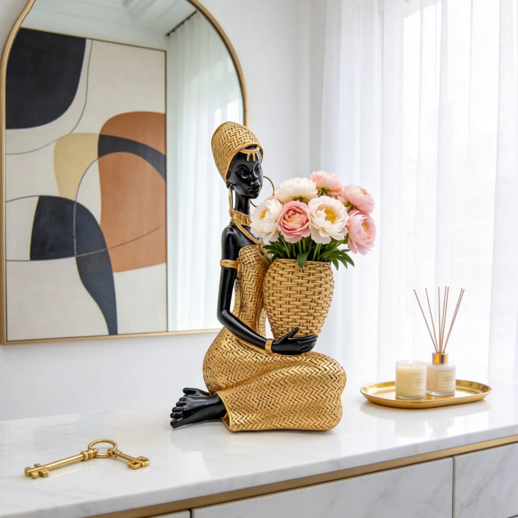 African Style Gold Woman Holding Vase Statue, Decorative Sculptures, Handwoven Texture, Living Room/entrance/study Decor, Gift with Exotic Atmosphere, Decorative Ornaments, Decorative Home Ornament
