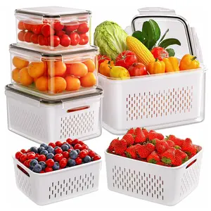 5-Pack Fruit Storage Containers for Fridge with Removable Colanders, 4 in 1 Produce Storage Containers with Lids, Leakproof Fridge Organizer Bins for Salad Berry Lettuce Vegetables Meat Keeper Fresh