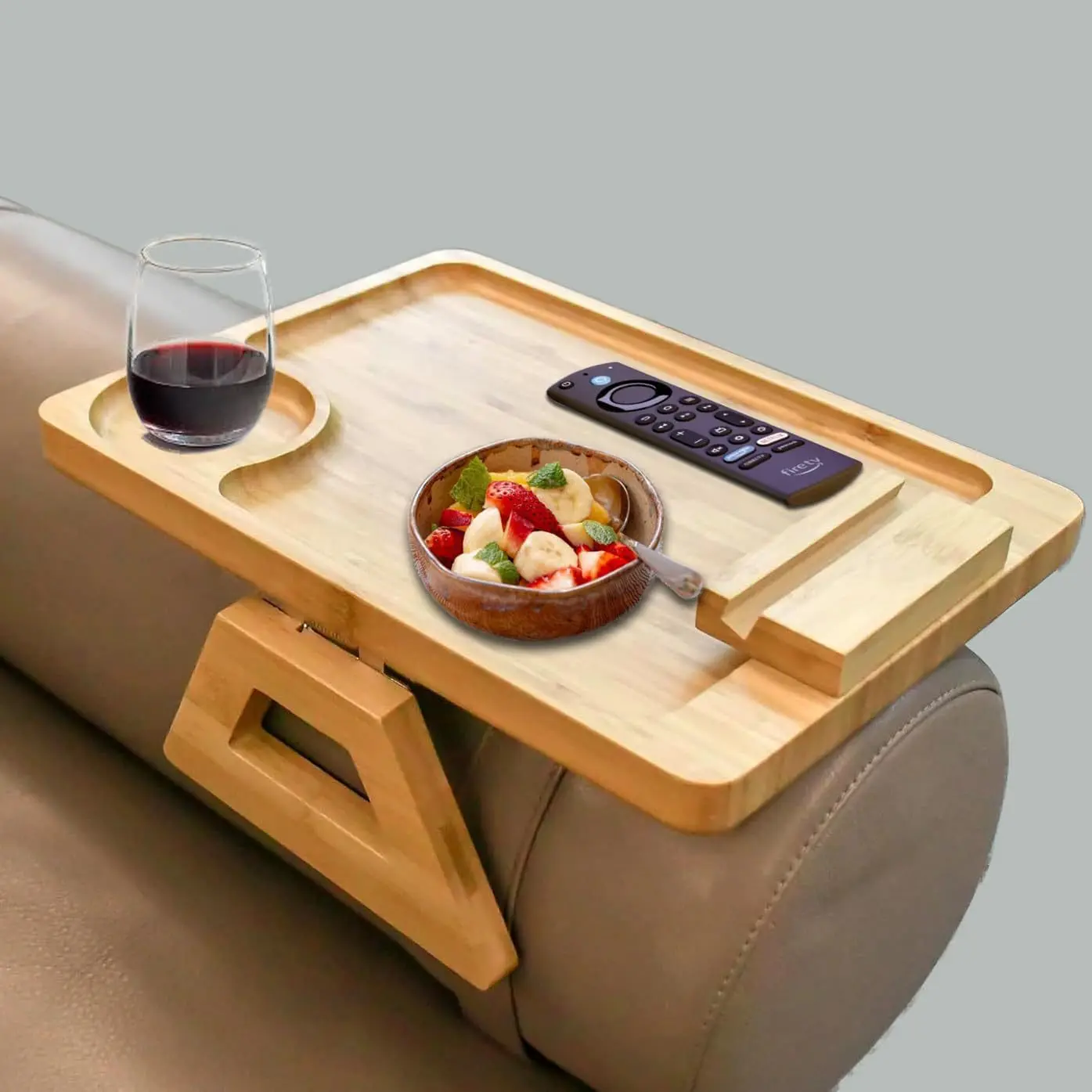 Bamboo Sofa Arm Tray Table, Foldable Couch Armrest Table with Cup Holder & 360° Phone Holder, Portable Snack Tray for Remote, Drinks, Food - Fits Most Sofa Arms.