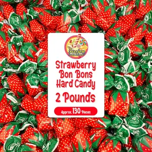 Strawberry Filled Hard Candy - Individually Wrapped Strawberry Bon Bons Candy 2 Pound Bulk Bag (Approx. 130 Pieces) - Holiday Candy with Soft Fruit Filled Center