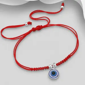 Sterling Silver Evil Eye Bracelet with Red Cord and Beads, Featuring a Central Pendant