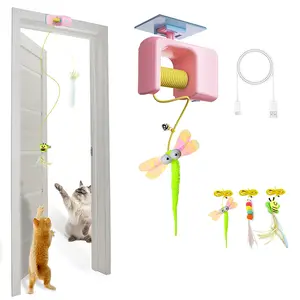 Interactive Hanging Cat Retractable String Toys for Indoor Kittens & Bored Adult Cats with 3 Flying Feathers Automatic Electric Teaser Rechargeable Blue Cat Toy