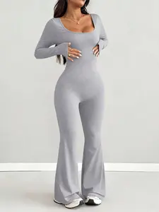 Women's Square Neck Long Sleeve Micro Flare Romper, Stretchy Comfortable Slim Fit Retro Sport Style, Daily Commute/fitness/streetwear, Workout Jumpsuit, Sportswear Jumpsuit, Sports Casual Jumpsuit