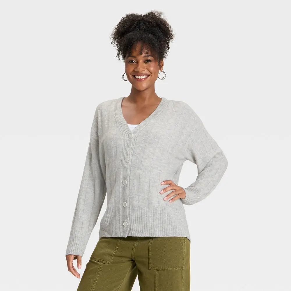Women's Knit Ribbed Cardigan, V Neck Shirt, Below Hip Length, Button Placket, Casual Cut Knitwear - Universal Thread Heather Gray XS