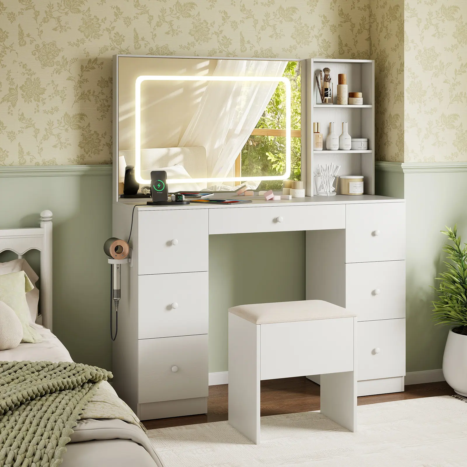 COSTWAY - Vanity Desk with Mirror and Lights Makeup Dressing Table Vanity Table and Stool Set-White