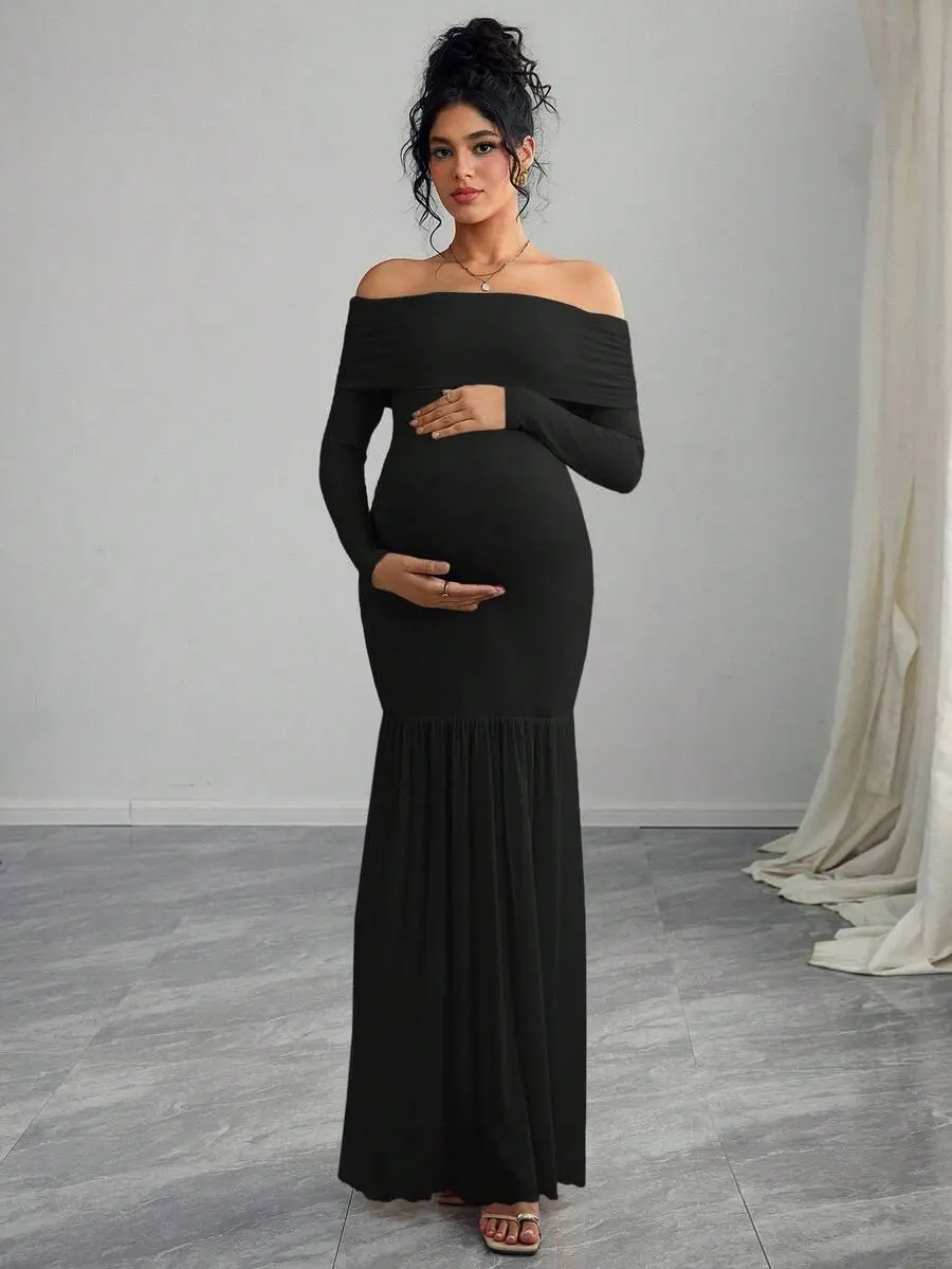 Momance Maternity Off Shoulder Long Sleeve Fitted Dress With Thigh-High  Slit And Mesh Panels - TikTok Shop