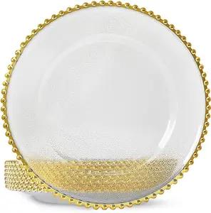 6 Pack 12" Gold Clear Acrylic Round Charger Plates With Beaded Rim Dinner Charger Plates Set Square