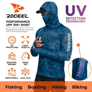 【RODEEL】934 RIIIPO Sun Hoodie Shirts w/ UV Detection Mask Neck Gaiter Thumbhole Men UPF 100+ Sun Protection Long Sleeve Lightweight Quick Dry Moisture Wicking Breathable Cooling Athletic Activewear for Outdoor Sports Fishing Construction, Holiday Gift