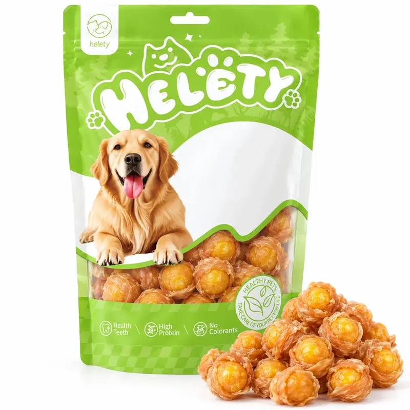 HELETY Grain-Free Real Chicken Breast & Egg Yolk Wrapped Jerky Dog Treats - Low Sodium, High Protein, Glucosamine & Chondroitin Joint Support, Collagen-Dehydrated Lean, No Artificial Preservatives, Resealable Bag, All Ages Cookie/Biscuit/Snack Alternative