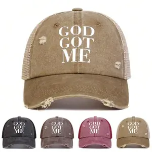 1pc Women's GOD GOT ME Letter Print Washed Baseball Cap, Outdoor Sun Protection Adjustable Casual Mesh Cap, Spring & Autumn Travel Beach Vacation Distressed Dad Hats Dad Trucker Hat undefined