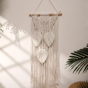 Boho Style Macrame Bohemian Knot Design Wall Hanging with Leaves, Leaf Design Handmade Woven Tapestry, Interior Wall Art Decor for Home Living Room Bedroom Office, Hangable