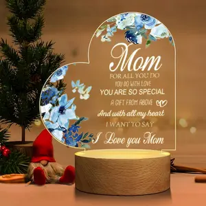Acrylic Figurine USB Powered Wooden Base, Heart Style Memorial Plaque Gift for Mom, Desktop Decoration, Christmas Present, Acrylic Plaque Sign