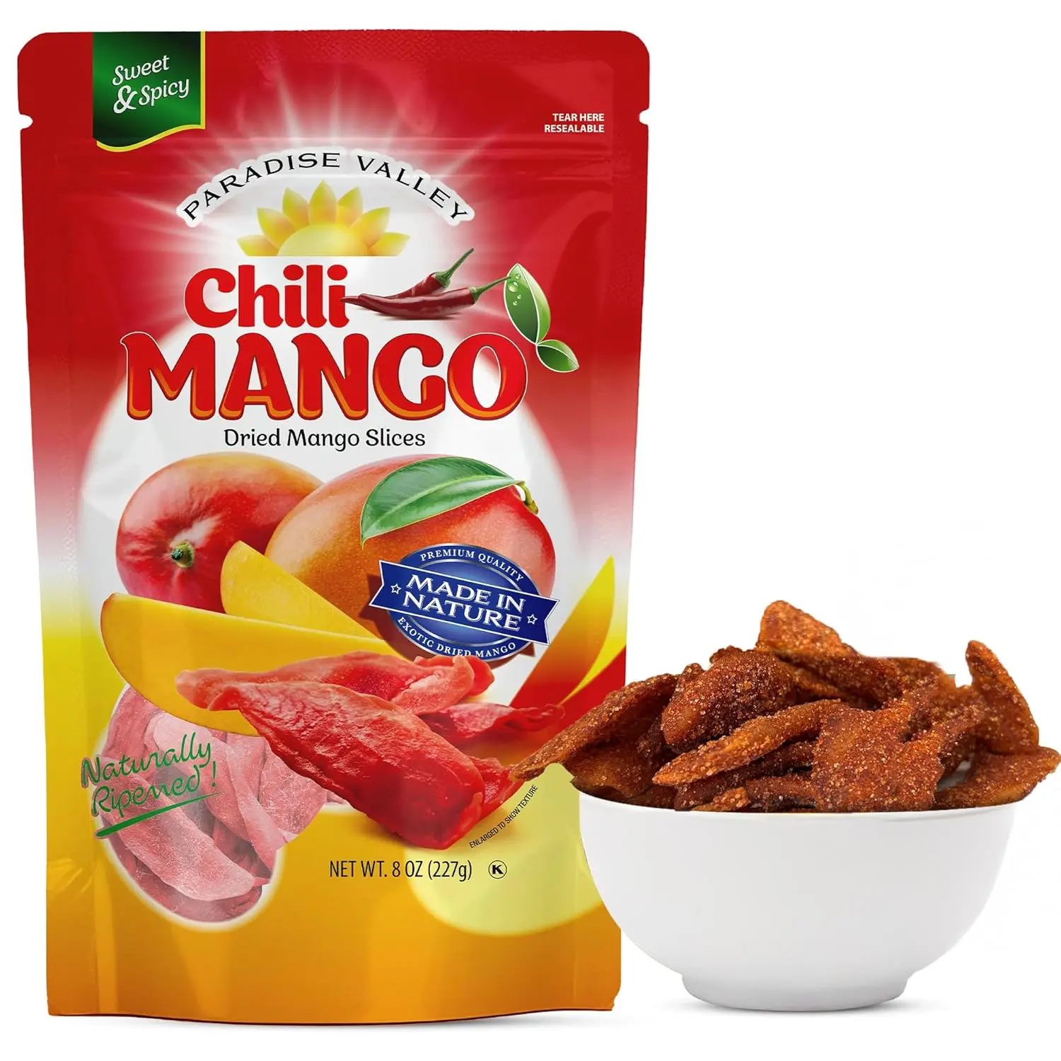Paradise Valley Dried Mango Slices Low Sugar Gluten Free 8 oz | Naturally ripened, soft and juicy chili-spiced mango with no added sugar. A natural source of vitamin C and fiber.