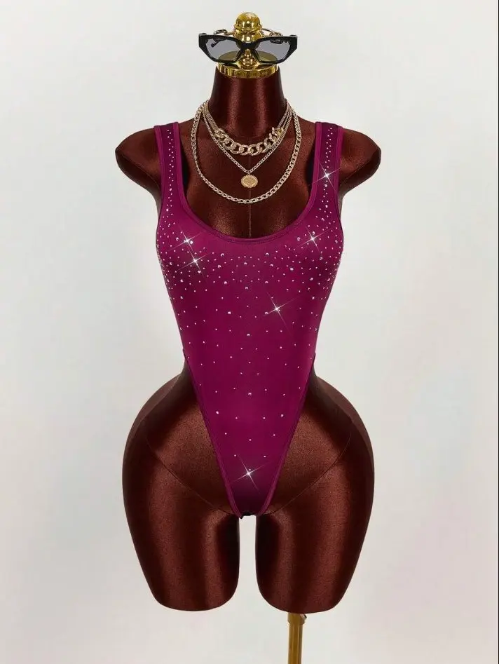 Amplova Rhinestone Embellished Sleeveless Bodysuit for Women, Sparkly Party Club Outfit