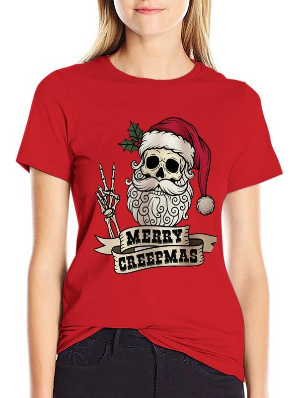 Women's Pure Cotton Crew Neck Short Sleeve Casual Fitted Cut T-Shirt - Merry Creepmas Skeleton Santa Print, Minimalist Style, Spooky Holiday Top, Lightweight Breathable Fabric