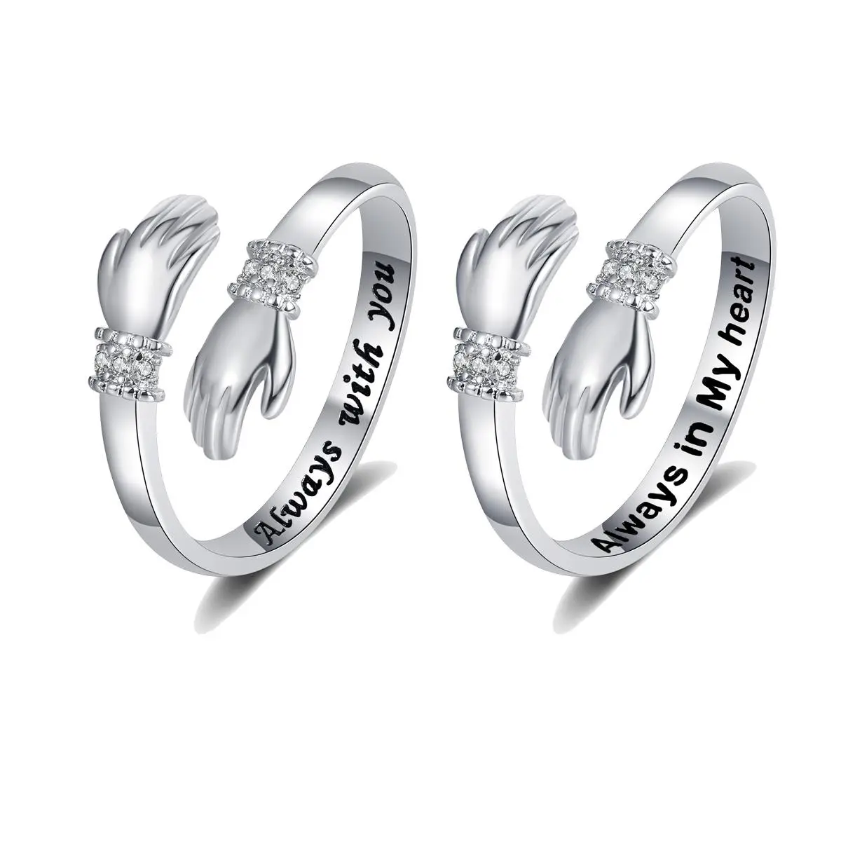 Women's Adjustable Stainless Steel Hug Silver Ring - Dainty Elegant Custom Jewelry, Engraved 'Always With You' & 'Always in My Heart', Inspirational Grandma Gift for Christmas, Birthdays, Silver Rings