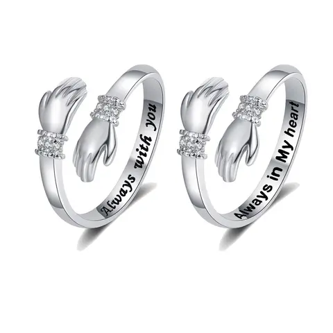 Women's Adjustable Stainless Steel Hug Ring - Dainty Cute Silver Ring, Custom Engraved Silver Jewelry with 2 Engravings ('Always With You', 'Always in My Heart'), 2pcs Round Inspirational Grandma Gift for Christmas, Birthday