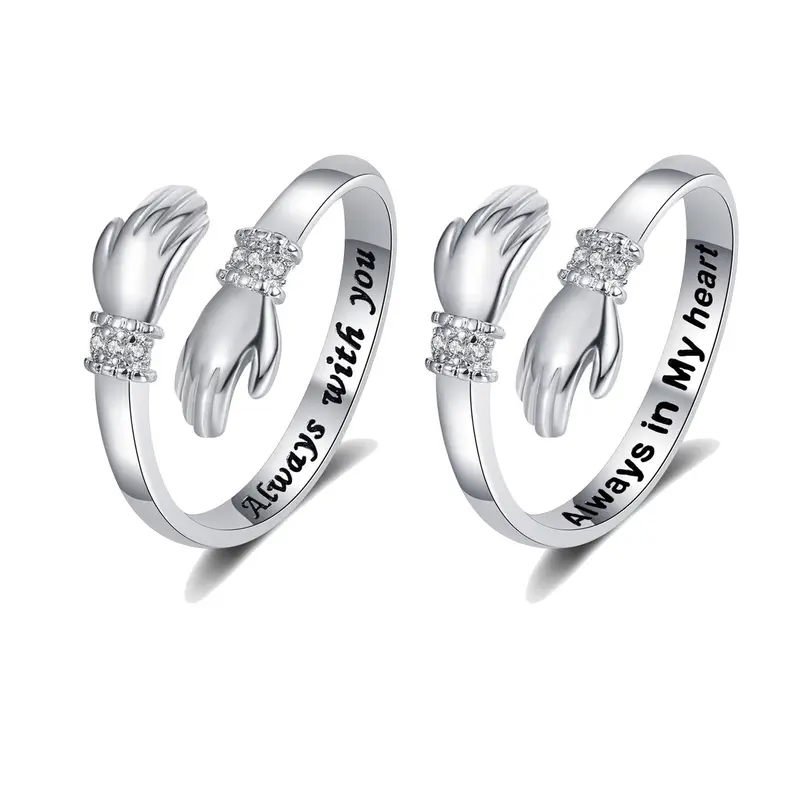 Women's Adjustable Stainless Steel Hug Ring - Dainty Cute Silver Ring, Custom Engraved Silver Jewelry with 2 Engravings ('Always With You', 'Always in My Heart'), 2pcs Round Inspirational Grandma Gift for Christmas, Birthday