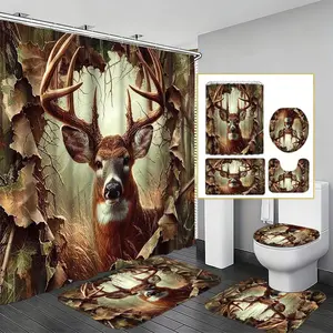Forest Stag Hunting Shower Curtain Set, Vintage Natural Bathroom Decor, Bathroom Decoration Accessories, Non-Slip Mat, Toilet Lid Cover, U-Shaped Pad, Waterproof Mold-Resistant