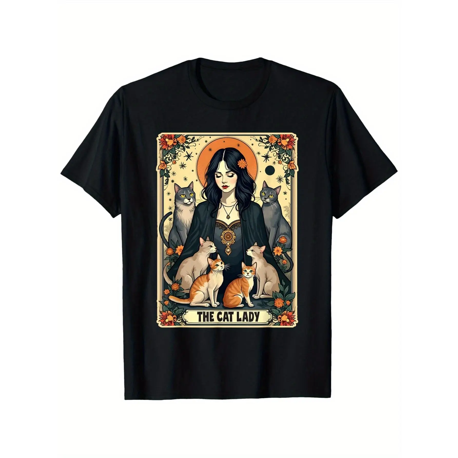 The Cat Lady Tarot Card Shirt Women Witchy Gothic Cat Mom T-Shirt, Unisex cotton casual round neck outdoor short sleeve t-shirt with slight stretch, slightly elastic, 100%cotton, S-XXXL