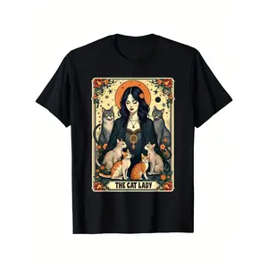 The Cat Lady Tarot Card Shirt Women Witchy Gothic Cat Mom T-Shirt, Unisex cotton casual round neck outdoor short sleeve t-shirt with slight stretch, slightly elastic, 100%cotton, S-XXXL