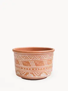 KORISSA Hand Etched Terracotta Pot Large - 5.5" Tall x 8.5" Round Natural Clay Planter with Geometric Patterns for Indoor Outdoor Use