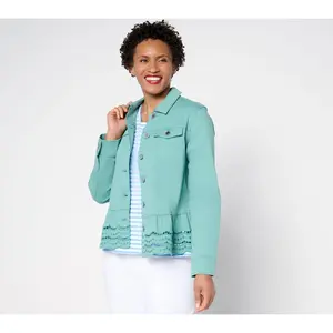 Susan Graver Embroidered Peplum Stretch Denim Jacket Susan Graver Embroidered Peplum Stretch Denim Jacket