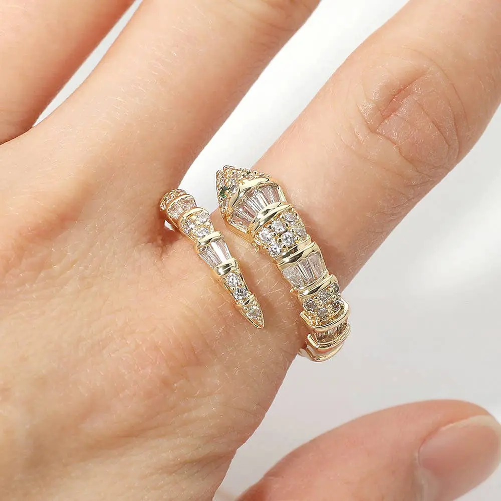 Glamorous Snake Motif Open Ring - Brass Base, 0.5" H Cubic Zirconia, Baguette Pave, Sculptural Silhouette, Elegant Evening Wear Costume Jewelry, Sculptural Open Silhouette, Wrap Shape