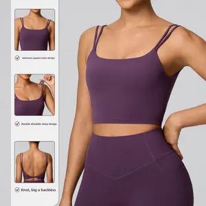 New European and American style camisole yoga top for women, sexy backless shockproof sports bra for running and fitness