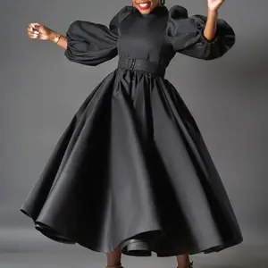 Large size women's clothing European and American loose large size fashion solid color large skirt bubble sleeve medium and long dress African dress