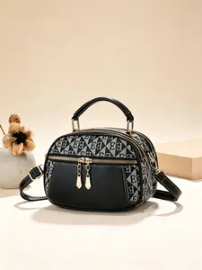 Vintage Floral Small Round Crossbody Bag, Dual Zipper Metal Tag, Cool Minimalist Handbag, Stylish and Practical Accessory