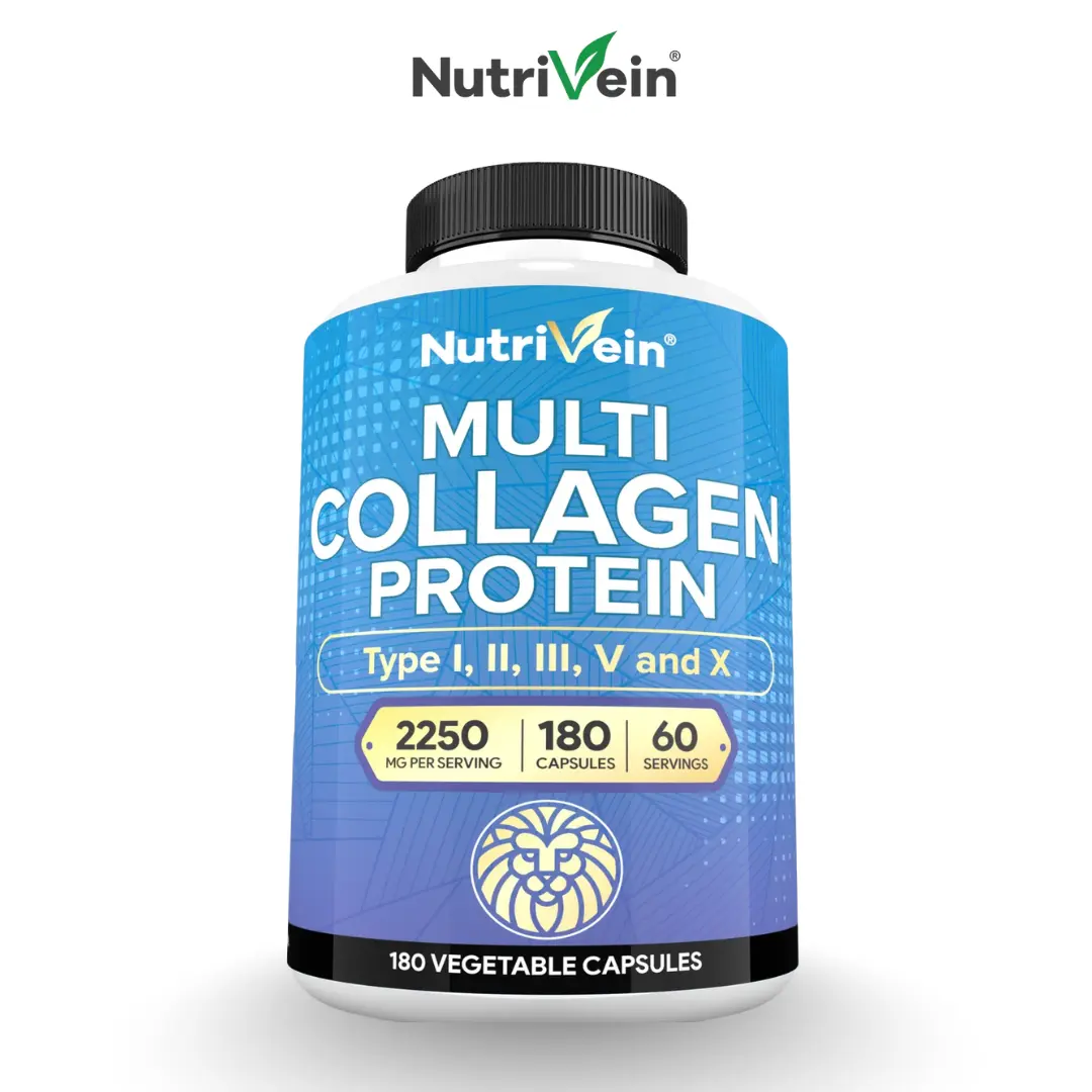 Nutrivein, Multi Collagen Protein Capsules, Hydrolyzed Protein Peptides Supplement, Dietary Nutrition Formula, Fitness & Daily Wellness Support, 180 Capsules, 2 Capsules Daily