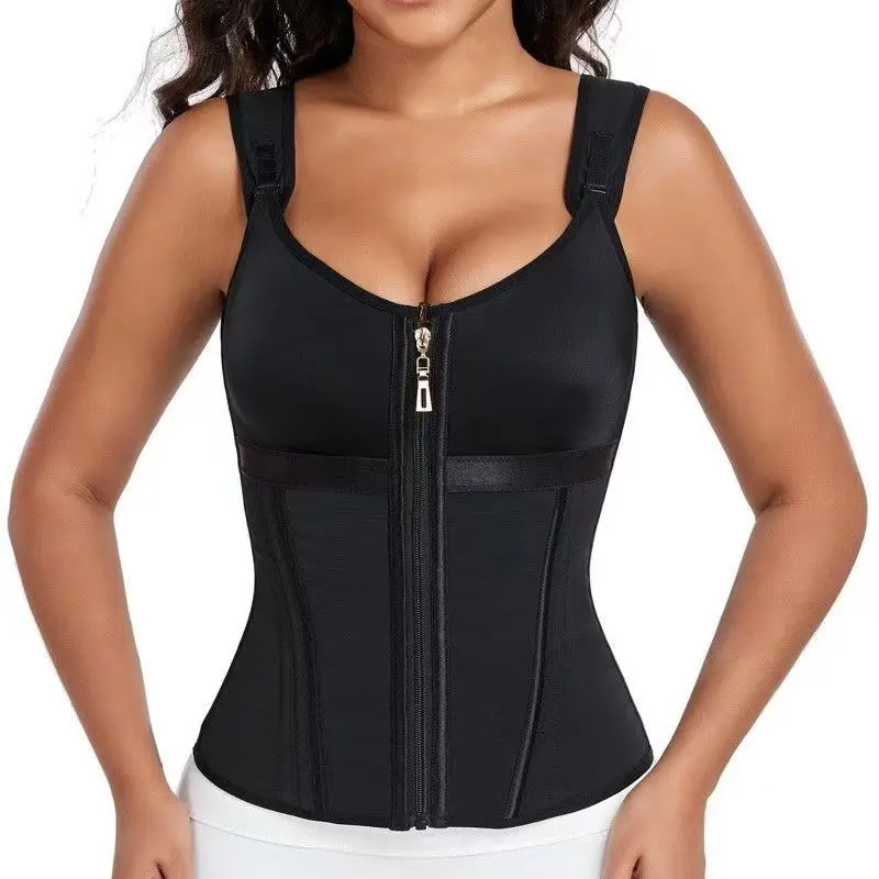 Women's Solid Black Faja Body Shaper with Bra, Comfortable Tummy Control Compression Girdle with Front Zipper and Adjustable Shoulders