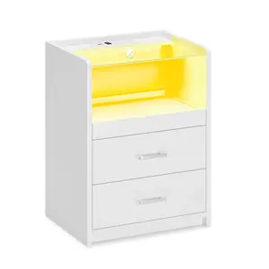 Sikaic Nightstand with LED Lights Charging Station White Bedside Cabinet Pedestal Tabletop Mode