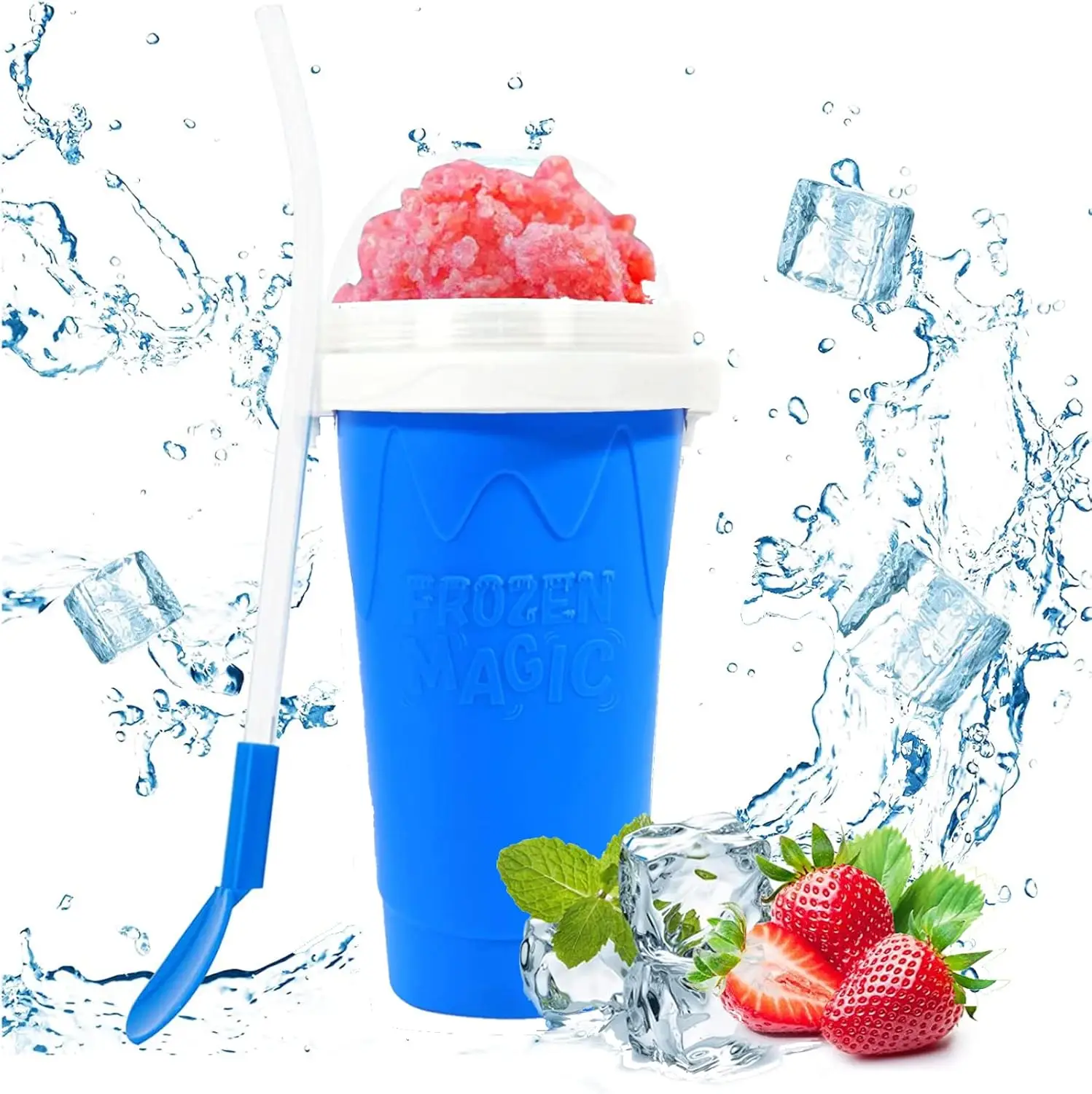 Slushy Maker,Frozen Magic Cup, Double Layers Silica Smoothie Pinch Ice Cooling Homemade Milk Shake Ice Cream ,blue Kitchen Silicone Spoon Utensils Mug