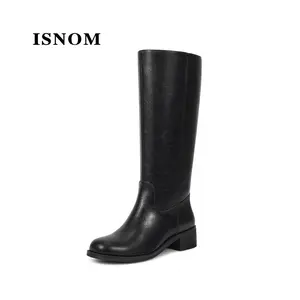 ISNOM Knee High Boots for Women Round Toe Chunky Block Riding Tall Boots with Side Zipper and Low Heel